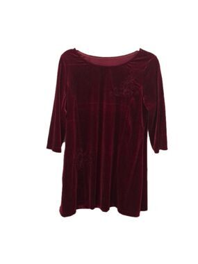 RICH red velvet dress with embossed floral design and bateau neckline.  Size L